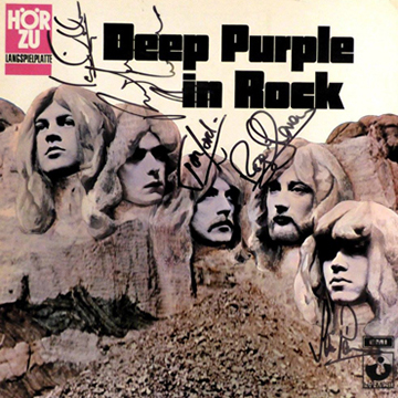 myRockworld memorabilia - Deep Purple -Album In Rock, 1970, ultra rare - 3 times signed by Ian Gillan, Ritchie Blackmoore, John Lord ( R.I.P.), Roger Glover and Ian Paice on the cover, on the back and inside 